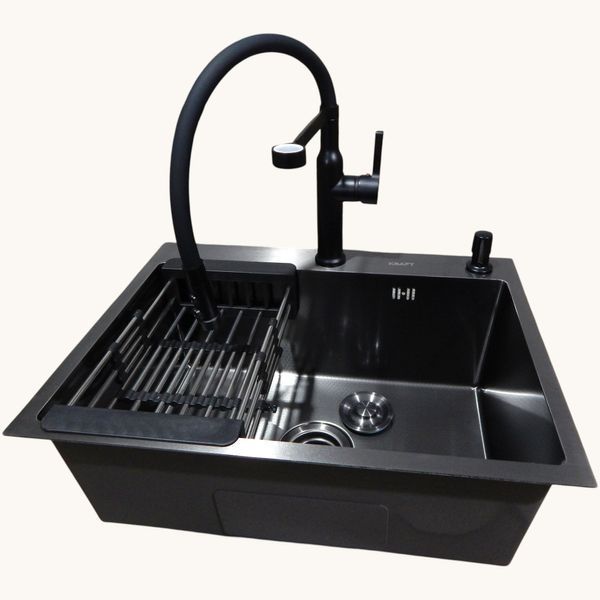 Комплект кухонной мойки Kraft NANO BLACK PVD HS 540*480мм Декор (3.0/1.0 мм)+Смеситель для кухни Kroner KRP Ersel &ndash; SCH03112BLK S3678 фото