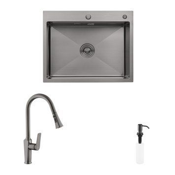 Комплект кухонна мийка Kroner Schwarze-6350HM PVD + змішувач Makon-GRP030-T + дозатор Spender-SCH049 CVS30075 фото