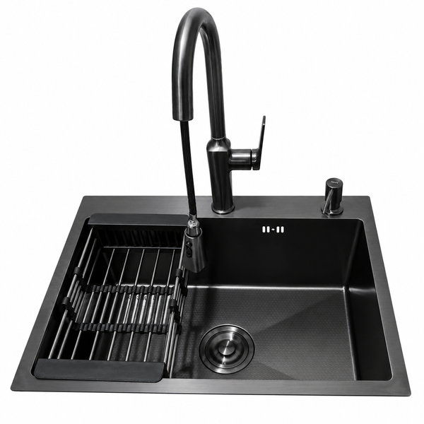 Комплект кухонної мийки Kraft NANO BLACK PVD HS60*45 (3.0/1.0 мм) декор S4886 фото