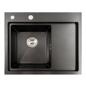 Кухонная мойка черная PVD 58*48 L VALESO Handmade (два отверстия, круглый сифон 3,0/0,8) 42226 фото