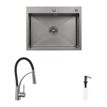 Комплект кухонна мийка Kroner Schwarze-6350HM PVD + змішувач Ersel-GRP03393BLK + дозатор Spender-SCH049 CVS30076 фото