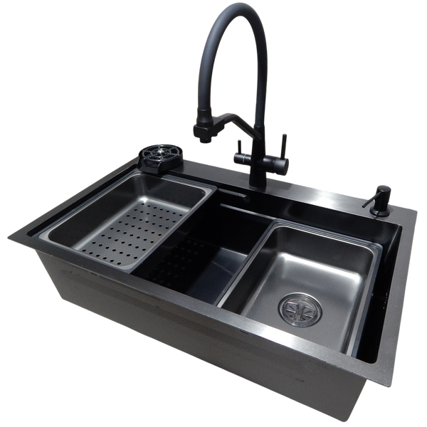 Комплект кухонної мийки Kraft HM 6846 NANO BLACK DECOR S3682 фото
