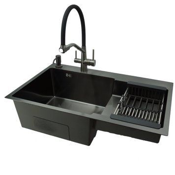 Комплект кухонної мийки Kraft HM&nbsp;NANO BLACK - 7848ALB&nbsp;PVD&nbsp;(3.0/1.0 мм)+Змішувач для кухні з підключенням до фільтра Kraft 3020 PVD SM4407 фото