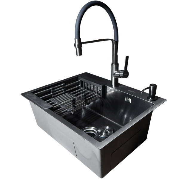 Комплект кухонной мойки Kraft NANO BLACK PVD HS60*45 (3.0/1.0 мм) декор S3683 фото