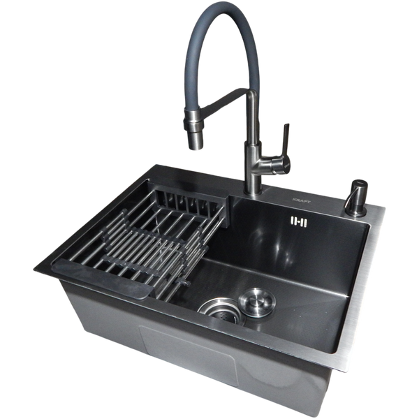 Комплект кухонной мойки Kraft NANO BLACK PVD HS60*45 (3.0/1.0 мм) декор S3683 фото