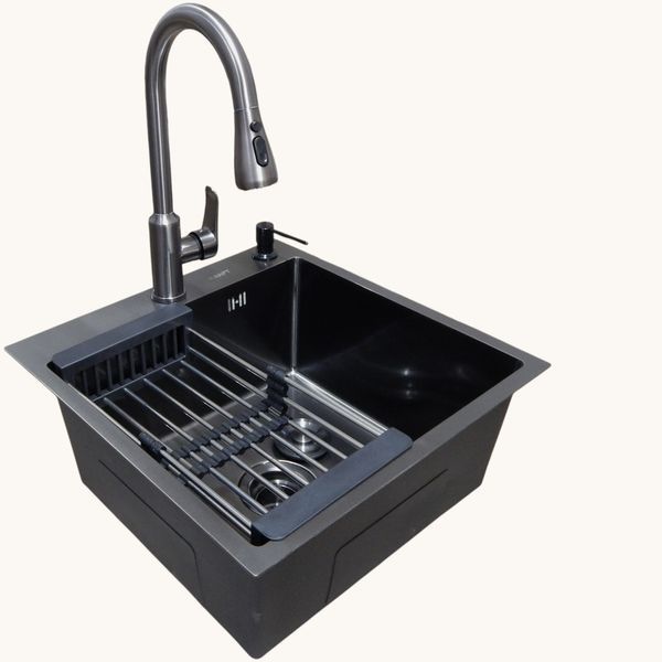 Кухонная мойка Kraft HM 50х50 NANO BLACK PVD Decor (3.0/1.0 мм)+Смеситель TH38 VALESO PVD графит S3733 фото