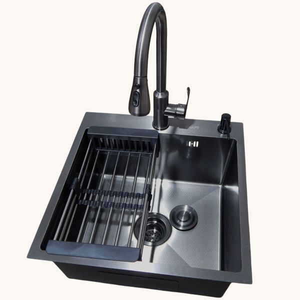 Кухонная мойка Kraft HM 50х50 NANO BLACK PVD Decor (3.0/1.0 мм)+Смеситель TH38 VALESO PVD графит S3733 фото