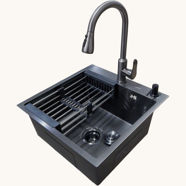 Кухонная мойка Kraft HM 50х50 NANO BLACK PVD Decor (3.0/1.0 мм)+Смеситель TH38 VALESO PVD графит S3733 фото