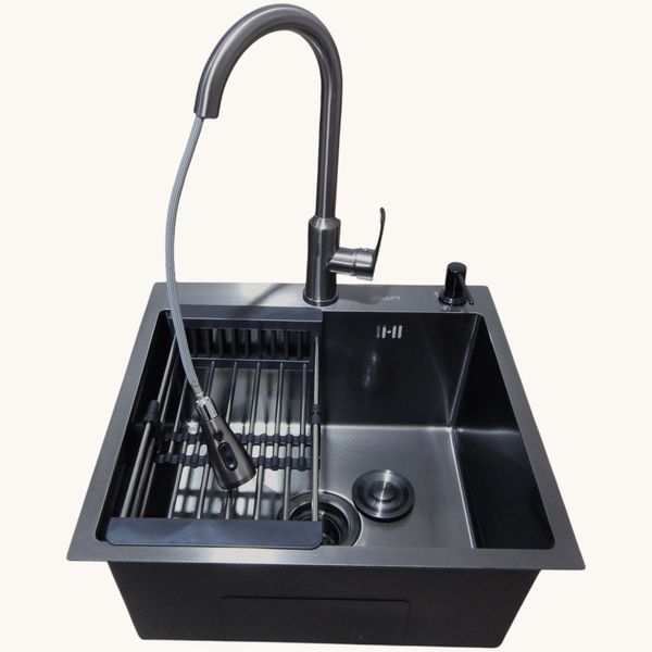 Кухонная мойка Kraft HM 50х50 NANO BLACK PVD Decor (3.0/1.0 мм)+Смеситель TH38 VALESO PVD графит S3733 фото