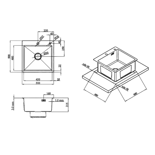 Комплект кухонной мойки Kraft NANO BLACK PVD HS50*50(3.0/1.0 мм) декор S3734 фото