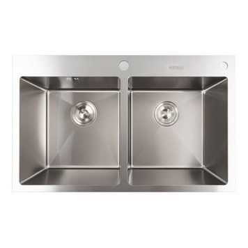 Кухонная мойка 78*48 нержавейка на две чаши Platinum Handmade (круглый сифон, 3.0/0.8) 42632 фото