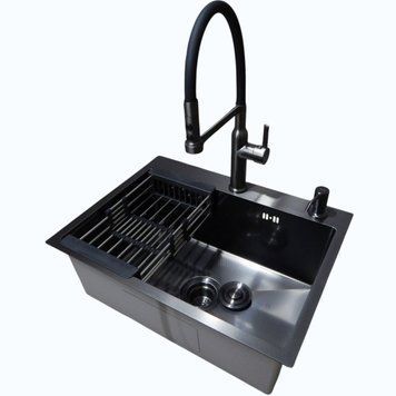 Комплект кухонной мойки Kraft NANO BLACK PVD (Декор-соты) 600х450х220мм (3.0/1.0 мм)+Смеситель для кухни Kroner KRP Ersel - GRP03112BLK S3735 фото
