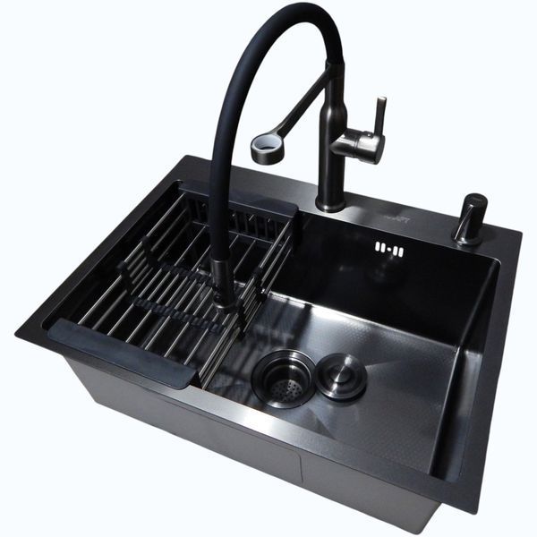 Комплект кухонної мийки Kraft NANO BLACK (Декор-соти) 600х450х220мм (3.0/1.0 мм)+Змішувач для кухні Kroner KRP Ersel - GRP03112BLK S3735 фото