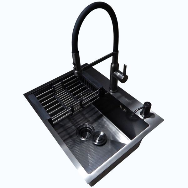 Комплект кухонної мийки Kraft NANO BLACK (Декор-соти) 600х450х220мм (3.0/1.0 мм)+Змішувач для кухні Kroner KRP Ersel - GRP03112BLK S3735 фото