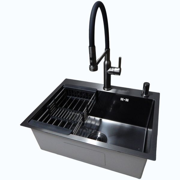 Комплект кухонної мийки Kraft NANO BLACK (Декор-соти) 600х450х220мм (3.0/1.0 мм)+Змішувач для кухні Kroner KRP Ersel - GRP03112BLK S3735 фото