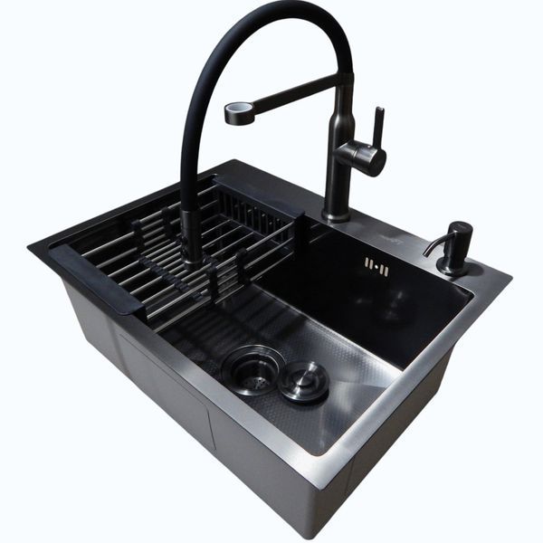 Комплект кухонної мийки Kraft NANO BLACK (Декор-соти) 600х450х220мм (3.0/1.0 мм)+Змішувач для кухні Kroner KRP Ersel - GRP03112BLK S3735 фото