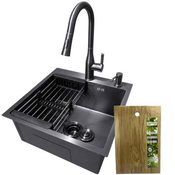 Комплект кухонної мийки Kraft HM 50х50 NANO BLACK PVD (3.0/1.0 мм) DEKOR S4898 фото