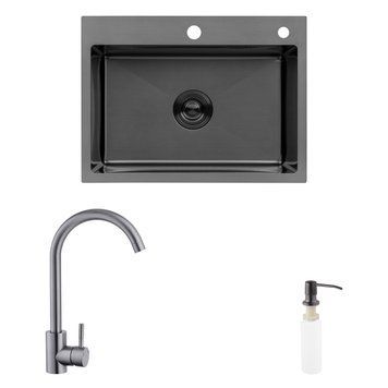 Комплект кухонна мийка Kroner Schwarze-5843HM PVD + змішувач Edelstahl Klassisch-SCH035PVD + дозатор Spender-026 CVS30113 фото