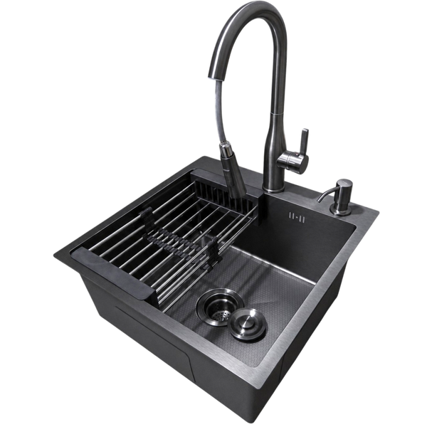 Комплект кухонної мийки Kraft HM 50х50 NANO BLACK PVD (3.0/1.0 мм) DEKOR S4898 фото