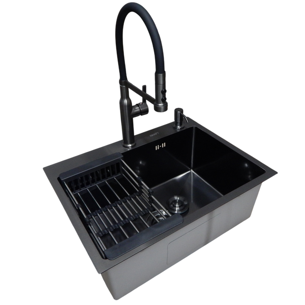 Комплект кухонной мойки Kraft NANO BLACK PVD HS60*45 (3.0/1.0 мм) декор S5007 фото
