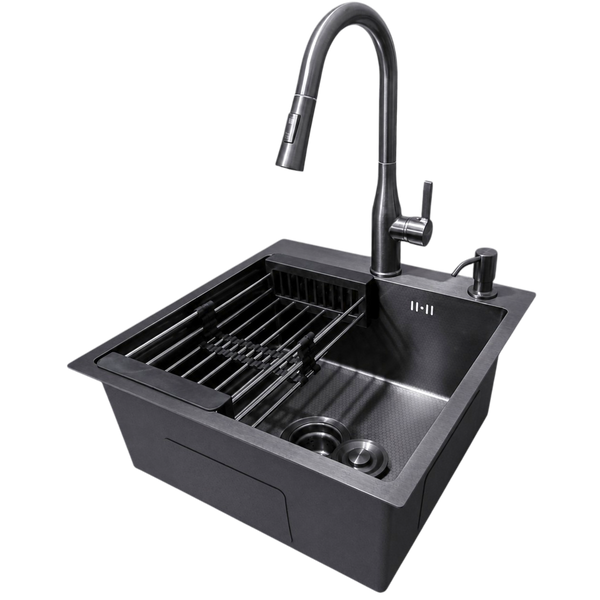 Комплект кухонної мийки Kraft HM 50х50 NANO BLACK PVD (3.0/1.0 мм) DEKOR S4898 фото