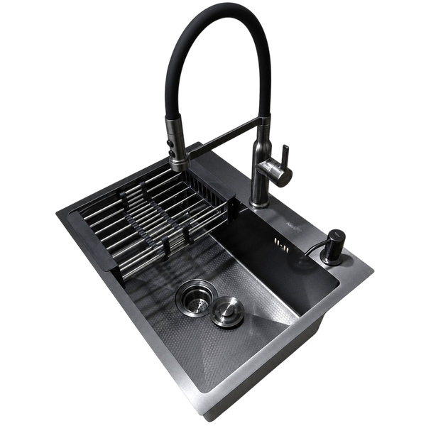 Комплект кухонної мийки Kraft NANO BLACK (Декор-соти) 600х450х220мм (3.0/1.0 мм)+Змішувач для кухні Kroner KRP Ersel - GRP03112BLK S5021 фото