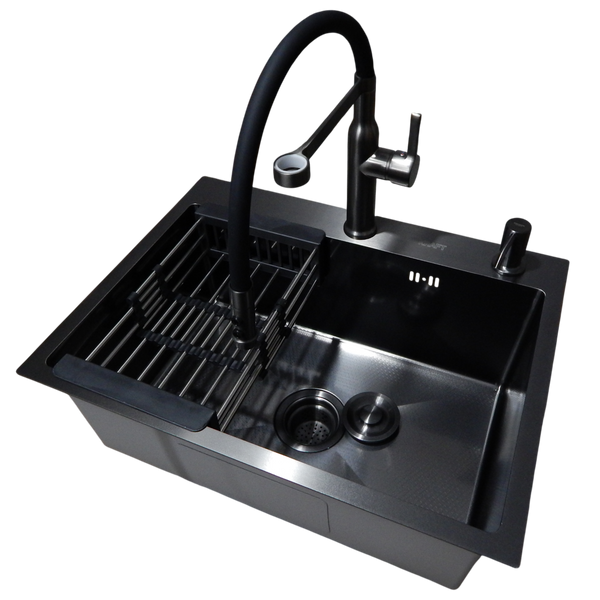 Комплект кухонной мойки Kraft NANO BLACK PVD HS60*45 (3.0/1.0 мм) декор S5007 фото