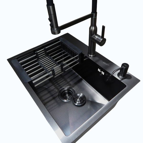 Комплект кухонної мийки Kraft NANO BLACK (Декор-соти) 600х450х220мм (3.0/1.0 мм)+Змішувач для кухні Kroner KRP Ersel - GRP03112BLK S5021 фото