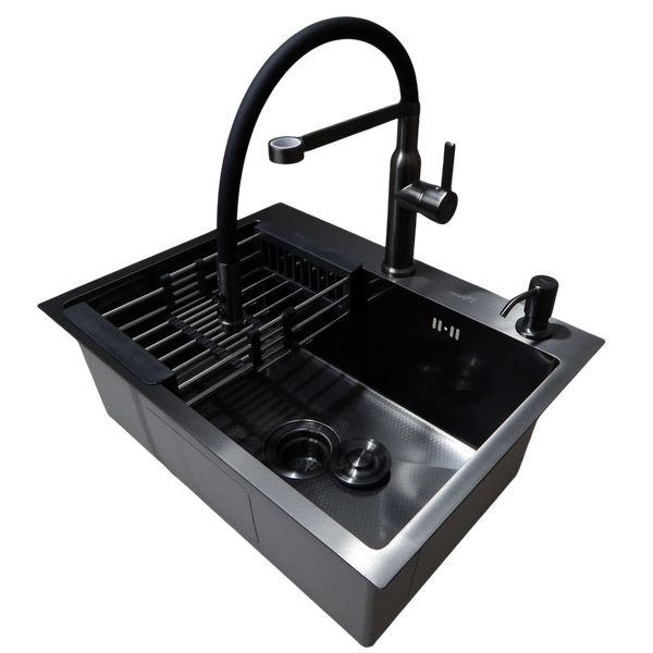 Комплект кухонной мойки Kraft NANO BLACK PVD HS60*45 (3.0/1.0 мм) декор S5007 фото