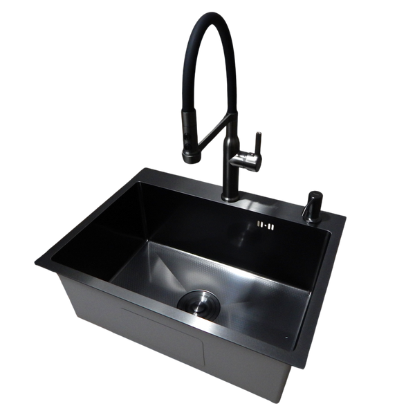 Комплект кухонной мойки Kraft NANO BLACK PVD HS60*45 (3.0/1.0 мм) декор S5007 фото