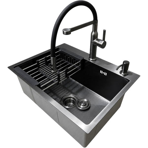 Комплект кухонної мийки Kraft NANO BLACK (Декор-соти) 600х450х220мм (3.0/1.0 мм)+Змішувач для кухні Kroner KRP Ersel - GRP03112BLK S5021 фото