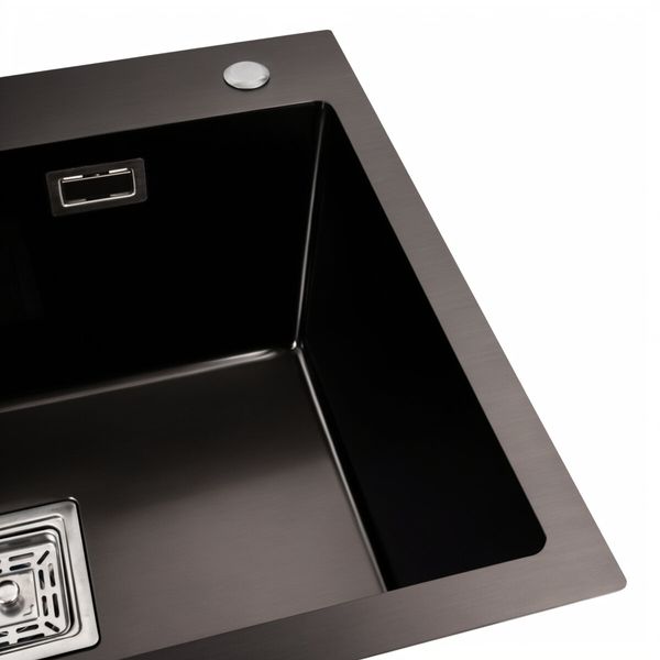 Кухонна мийка Platinum Handmade PVD 580х430х220 чорна (товщина 3,0/1,0 мм квадратний сіфон) 36728 фото