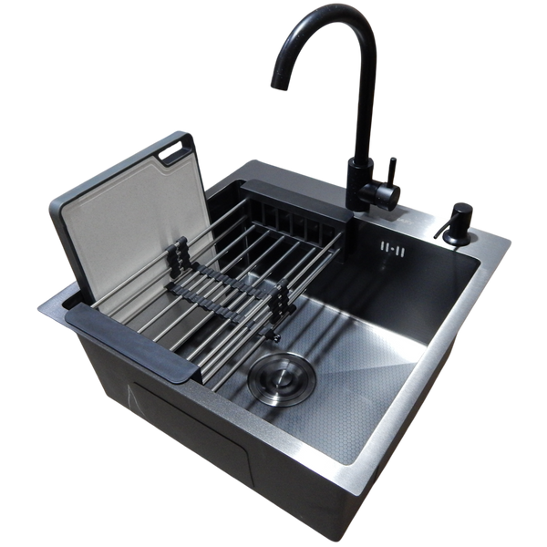 Комплект кухонної мийки Kraft HM 50х50 NANO BLACK (DECOR) PVD (3.0/1.0 мм) S9530 фото