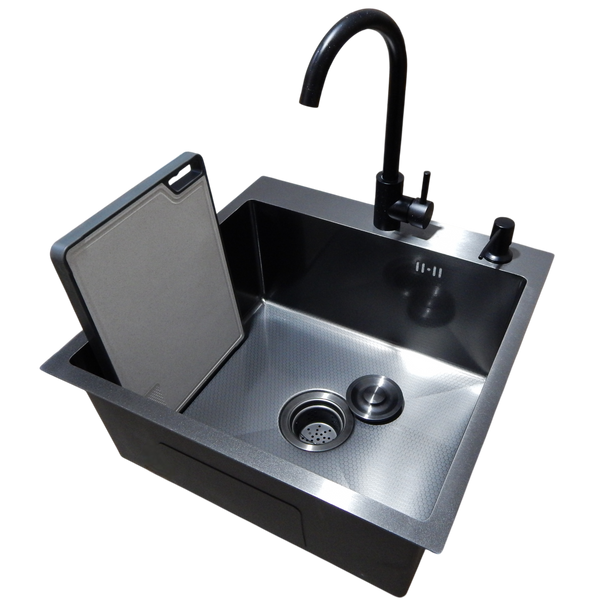 Комплект кухонної мийки Kraft HM 50х50 NANO BLACK (DECOR) PVD (3.0/1.0 мм) S9530 фото