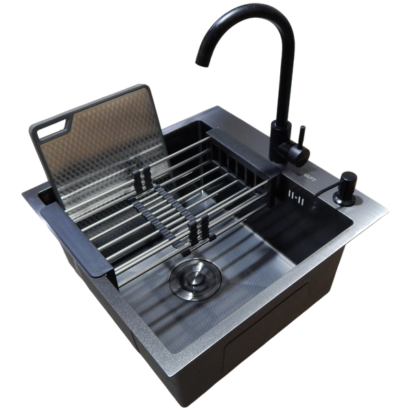 Комплект кухонної мийки Kraft HM 50х50 NANO BLACK (DECOR) PVD (3.0/1.0 мм) S9530 фото