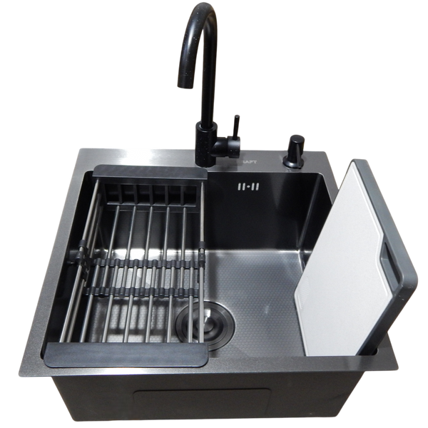 Комплект кухонної мийки Kraft HM 50х50 NANO BLACK (DECOR) PVD (3.0/1.0 мм) S9530 фото