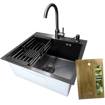 Комплект кухонної мийки KRAFT Handmade PVD графіт HS54*48 (3.0/1.0 мм) декор S4757 фото