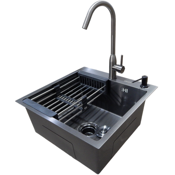 Комплект кухонной мойки Kraft HM 50х50 NANO BLACK (DECOR) PVD (3.0/1.0 мм) S5022 фото