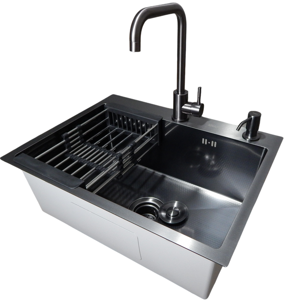 Комплект кухонної мийки KRAFT Handmade PVD чорна HS60*45 (3.0/1.0 мм) DEKOR S4899 фото