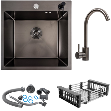 Комплект кухонної мийки Kraft HM 50х50 NANO BLACK PVD (3.0/1.0 мм) Декор S3542 фото