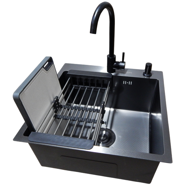 Комплект кухонної мийки Kraft HM 50х50 NANO BLACK (DECOR) PVD (3.0/1.0 мм) S3693 фото