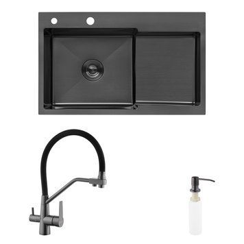 Комплект кухонна мийка Kroner Schwarze-7848LHM PVD + змішувач Edelstahl Klassisch-PVD03817BLK + дозатор Spender-026 CVS30116 фото