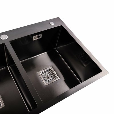 Кухонна мийка Platinum Handmade PVD HDB чорна 780х480х230 на дві чаші (квадратний сифон,3.0/1.0) 36734 фото