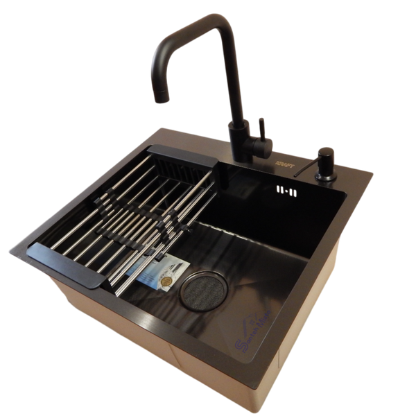 Комплект кухонной мойки Kraft HM 50х50 NANO BLACK PVD (3.0/1.0 мм) S4809 фото