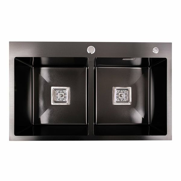Кухонна мийка Platinum Handmade PVD HDB чорна 780х480х230 на дві чаші (квадратний сифон,3.0/1.0) 36734 фото