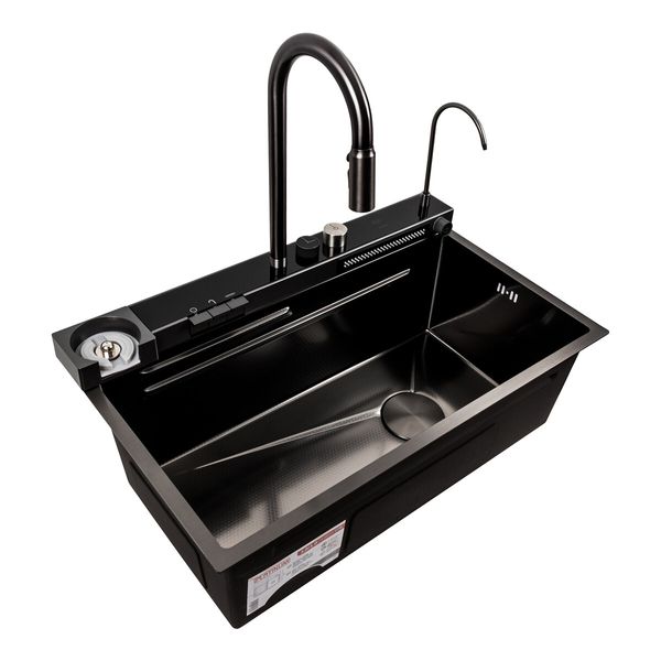 Кухонна мийка 75*45D PVD чорна Platinum Handmade "ВОДОСПАД" декор 40403 фото