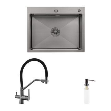 Комплект кухонна мийка Kroner Schwarze-6350HM PVD + змішувач Edelstahl Klassisch-PVD03817BLK + дозатор Spender-026 CVS30117 фото