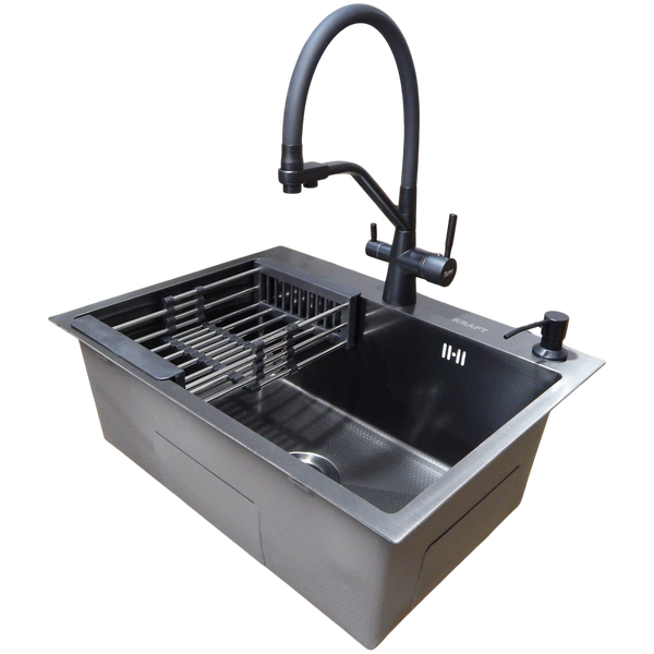 Комплект кухонної мийки Kraft NANO BLACK PVD HS60*45 (3.0/1.0 мм)+Змішувач для кухні з підключенням до фільтра Pllen&oacute; Lazio ST19 nero S5134 фото
